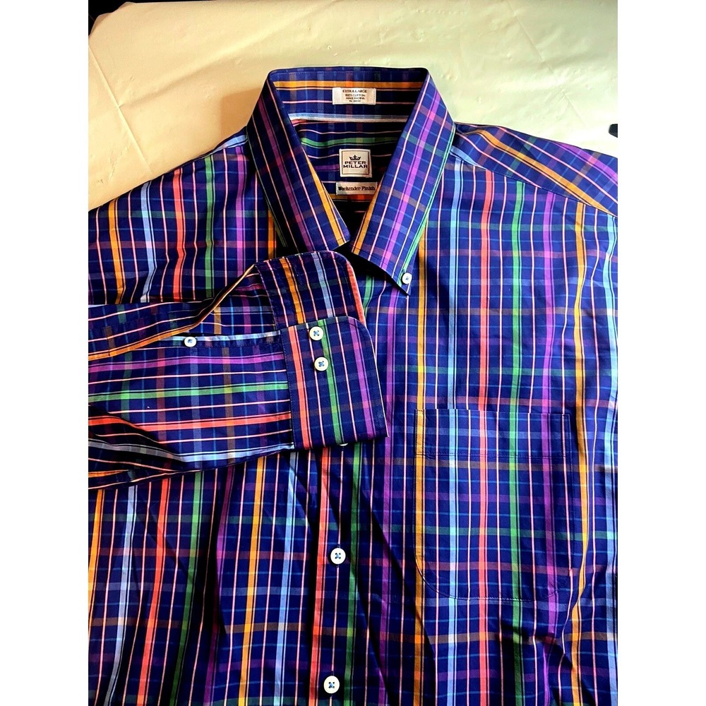 Peter Millar Weekender Finish Mens XL Multi Color Plaid Cotton Button Down Shirt